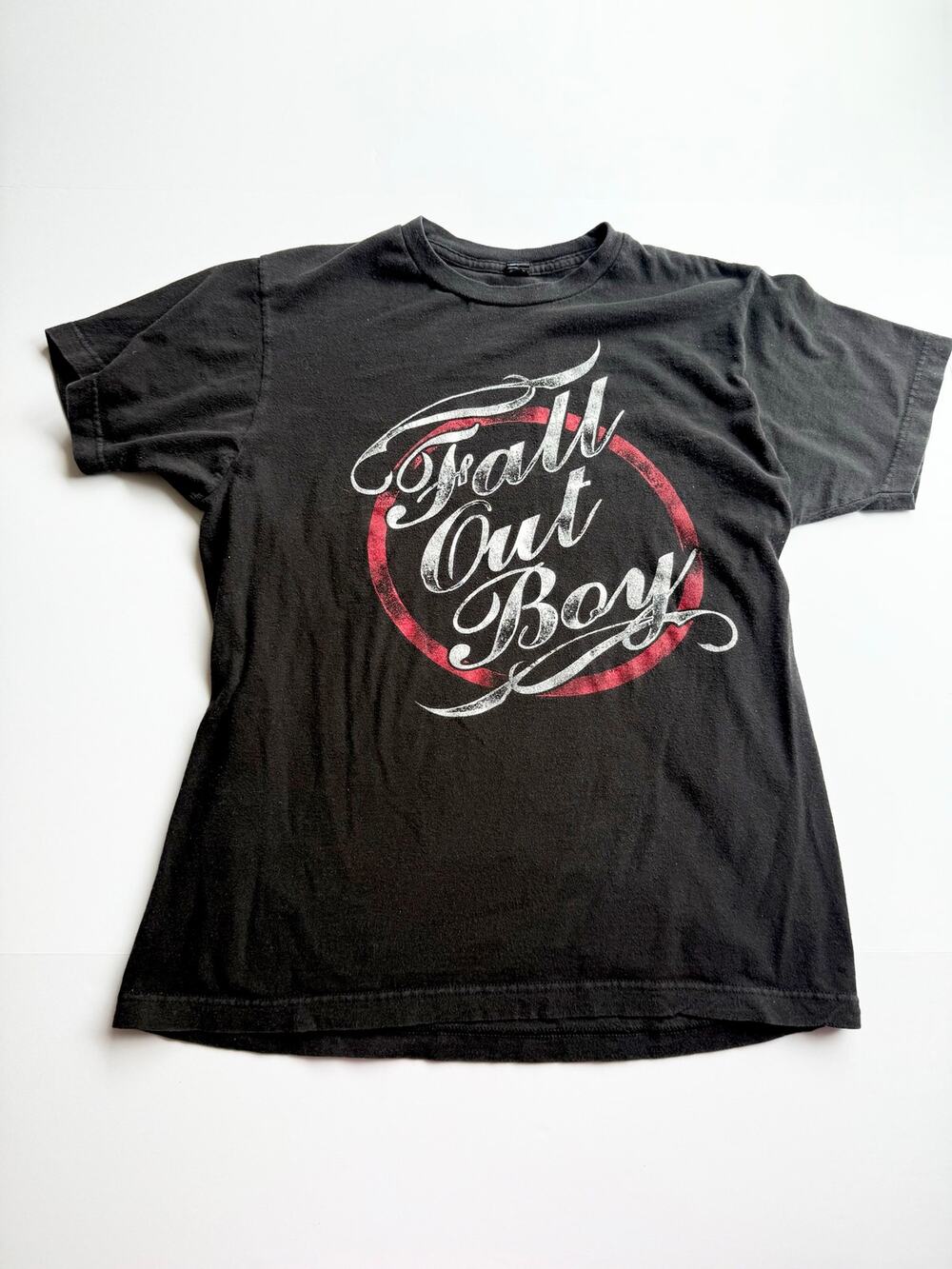 Fall Out Boy Band Tee Size M Black Script Logo Graphic Faded Vintage Feel